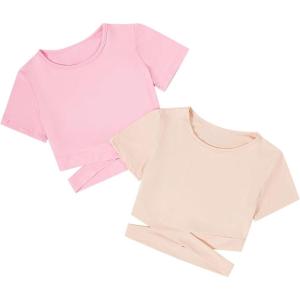 imageMilumia Girls 2 Piece Cut Out Crisscross Tee Crop Tops Short Sleeve Round Neck T ShirtsLight Pink and Beige