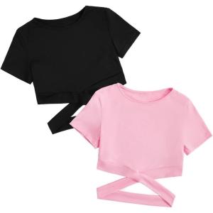imageMilumia Girls 2 Piece Cut Out Crisscross Tee Crop Tops Short Sleeve Round Neck T ShirtsPink and Black