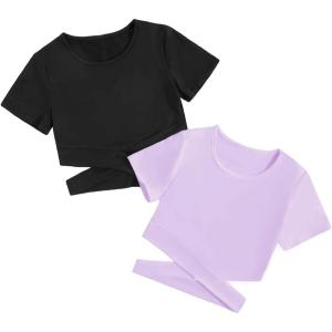 imageMilumia Girls 2 Piece Cut Out Crisscross Tee Crop Tops Short Sleeve Round Neck T ShirtsPurple and Black