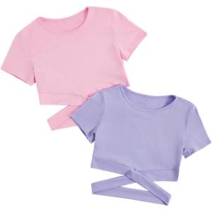 imageMilumia Girls 2 Piece Cut Out Crisscross Tee Crop Tops Short Sleeve Round Neck T ShirtsPurple and Pink