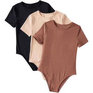 imageMilumia Girls 3 Pack Ribbed Knit Bodysuits V Neck Short Sleeve Lettuce Trim Romper Jumpsuit TopsKhaki Black Brown