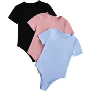imageMilumia Girls 3 Pack Ribbed Knit Bodysuits V Neck Short Sleeve Lettuce Trim Romper Jumpsuit TopsPink Blue Black