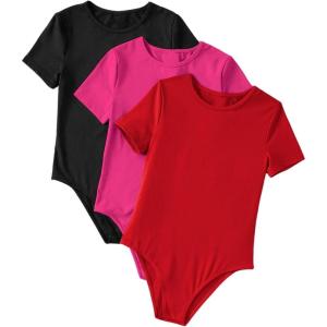 imageMilumia Girls 3 Pack Ribbed Knit Bodysuits V Neck Short Sleeve Lettuce Trim Romper Jumpsuit TopsRed Pink Black