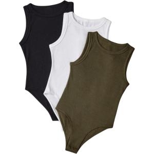 imageMilumia Girls 3 Piece Casual Solid Tank Top Sleeveless Round Neck Bodysuit JumpsuitBlack White Green