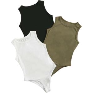 imageMilumia Girls 3 Piece Casual Solid Tank Top Sleeveless Round Neck Bodysuit JumpsuitGreen White Black