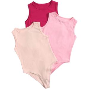 imageMilumia Girls 3 Piece Casual Solid Tank Top Sleeveless Round Neck Bodysuit JumpsuitMulti Pink