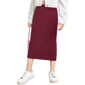 imageMilumia Girls Casual High Waist Long Pencil Skirt Comfy Plain Straight SkirtsRed