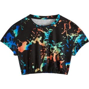 imageMilumia Girls Ink Splatter Printed Crop Tops Tee Vintage Short Sleeve Crewneck TshirtMulti Blue Orange