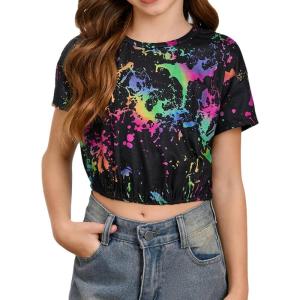 imageMilumia Girls Ink Splatter Printed Crop Tops Tee Vintage Short Sleeve Crewneck TshirtMulticolor