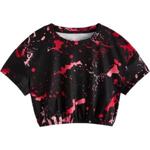 imageMilumia Girls Ink Splatter Printed Crop Tops Tee Vintage Short Sleeve Crewneck TshirtRed