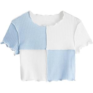 imageMilumia Girls Rib Knit Color Block Crop Tee Short Sleeve Lettuce Trim Crewneck TshirtBeige and Blue