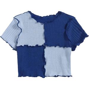 imageMilumia Girls Rib Knit Color Block Crop Tee Short Sleeve Lettuce Trim Crewneck TshirtBlue