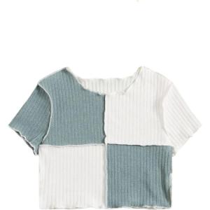 imageMilumia Girls Rib Knit Color Block Crop Tee Short Sleeve Lettuce Trim Crewneck TshirtGreen and White