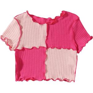 imageMilumia Girls Rib Knit Color Block Crop Tee Short Sleeve Lettuce Trim Crewneck TshirtPink