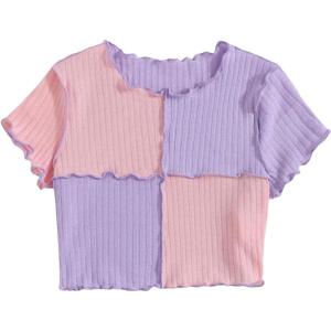 imageMilumia Girls Rib Knit Color Block Crop Tee Short Sleeve Lettuce Trim Crewneck TshirtPink and Purple