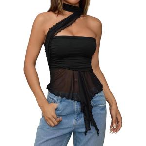imageMilumia Women Bandeau Tops Ruched Mesh Halter Shirts with ScarfBlack