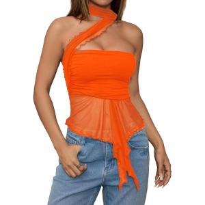 imageMilumia Women Bandeau Tops Ruched Mesh Halter Shirts with ScarfOrange