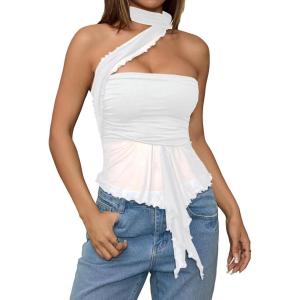 imageMilumia Women Bandeau Tops Ruched Mesh Halter Shirts with ScarfWhite
