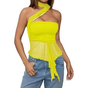 imageMilumia Women Bandeau Tops Ruched Mesh Halter Shirts with ScarfYellow