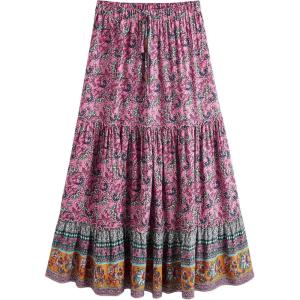 imageMilumia Women Boho Vintage Floral Print Long Skirt Summer Tiered Maxi SkirtLight Purple