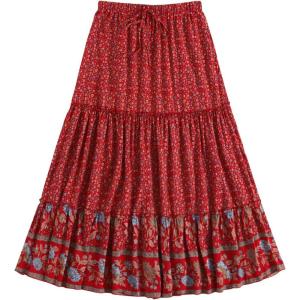 imageMilumia Women Boho Vintage Floral Print Long Skirt Summer Tiered Maxi SkirtMulti Red and Blue