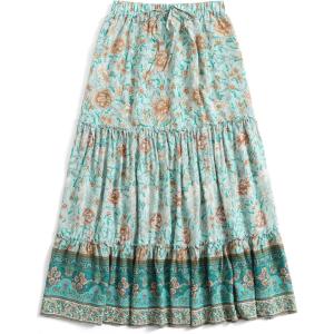 imageMilumia Women Boho Vintage Floral Print Long Skirt Summer Tiered Maxi SkirtMulti Teal Blue Floral