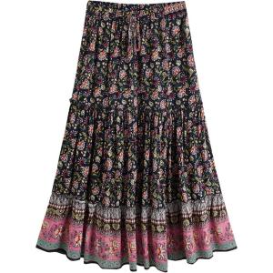 imageMilumia Women Boho Vintage Floral Print Long Skirt Summer Tiered Maxi SkirtNavy Blue
