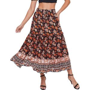 imageMilumia Women Boho Vintage Floral Print Long Skirt Summer Tiered Maxi SkirtOrange and Black Floral