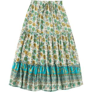 imageMilumia Women Boho Vintage Floral Print Long Skirt Summer Tiered Maxi SkirtTeal Blue Floral