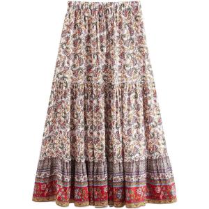 imageMilumia Women Boho Vintage Floral Print Long Skirt Summer Tiered Maxi SkirtWhite