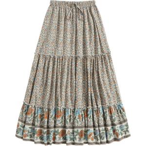 imageMilumia Women Boho Vintage Floral Print Long Skirt Summer Tiered Maxi SkirtYellow and Blue