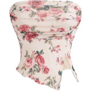 imageMilumia Women Floral Mesh Strapless Ruched Tube Top Split Hem Sleeveless Bandeau Crop TopsBeige Pink