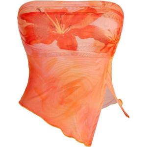 imageMilumia Women Floral Mesh Strapless Ruched Tube Top Split Hem Sleeveless Bandeau Crop TopsBurnt Orange