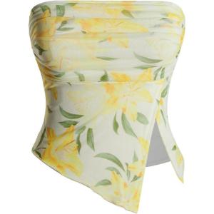 imageMilumia Women Floral Mesh Strapless Ruched Tube Top Split Hem Sleeveless Bandeau Crop TopsButter Yellow