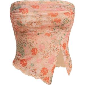 imageMilumia Women Floral Mesh Strapless Ruched Tube Top Split Hem Sleeveless Bandeau Crop TopsCoral Orange