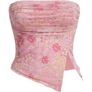 imageMilumia Women Floral Mesh Strapless Ruched Tube Top Split Hem Sleeveless Bandeau Crop TopsDark Pink