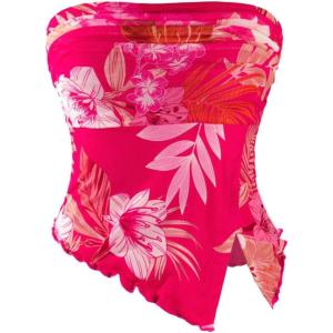 imageMilumia Women Floral Mesh Strapless Ruched Tube Top Split Hem Sleeveless Bandeau Crop TopsHot Pink