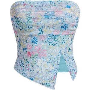 imageMilumia Women Floral Mesh Strapless Ruched Tube Top Split Hem Sleeveless Bandeau Crop TopsLight Blue