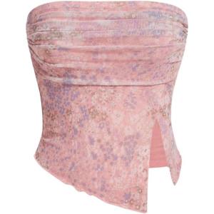 imageMilumia Women Floral Mesh Strapless Ruched Tube Top Split Hem Sleeveless Bandeau Crop TopsLight Pink