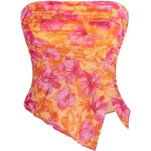 imageMilumia Women Floral Mesh Strapless Ruched Tube Top Split Hem Sleeveless Bandeau Crop TopsLight Pink Brown
