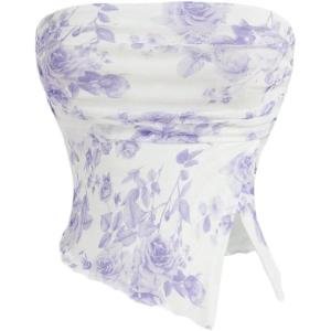 imageMilumia Women Floral Mesh Strapless Ruched Tube Top Split Hem Sleeveless Bandeau Crop TopsLilac Purple and White