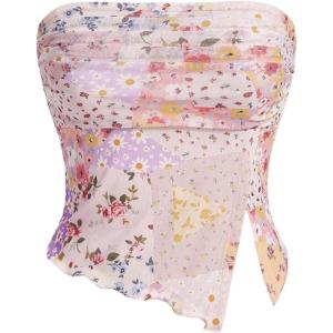 imageMilumia Women Floral Mesh Strapless Ruched Tube Top Split Hem Sleeveless Bandeau Crop TopsPetal Pink