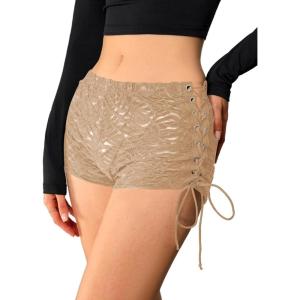 imageMilumia Women Lace Up Low Waisted Mini Shorts Tie Side Knot Rave Skinny Hot ShortsKhaki