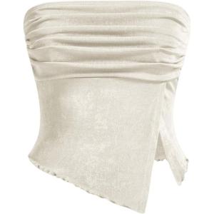 imageMilumia Women Mesh Tube Tops Split Hem Going Out Strapless Bandeau Tops Ruched Tank ShirtsApricot