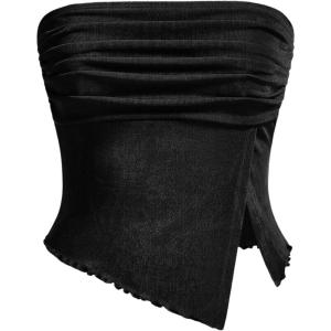 imageMilumia Women Mesh Tube Tops Split Hem Going Out Strapless Bandeau Tops Ruched Tank ShirtsBlack