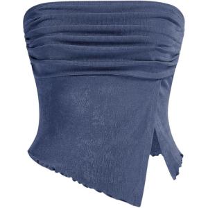 imageMilumia Women Mesh Tube Tops Split Hem Going Out Strapless Bandeau Tops Ruched Tank ShirtsBlue