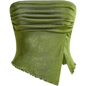 imageMilumia Women Mesh Tube Tops Split Hem Going Out Strapless Bandeau Tops Ruched Tank ShirtsGreen