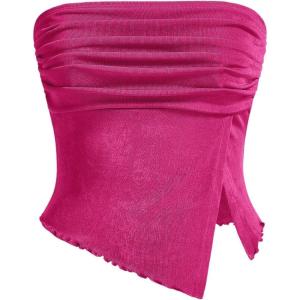 imageMilumia Women Mesh Tube Tops Split Hem Going Out Strapless Bandeau Tops Ruched Tank ShirtsHot Pink