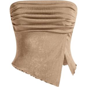 imageMilumia Women Mesh Tube Tops Split Hem Going Out Strapless Bandeau Tops Ruched Tank ShirtsKhaki