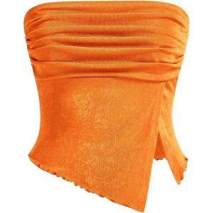 imageMilumia Women Mesh Tube Tops Split Hem Going Out Strapless Bandeau Tops Ruched Tank ShirtsOrange
